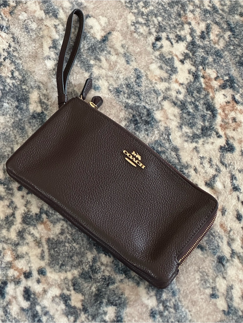 Coach Brown Large Double Corner Zip Wristlet with Gold Logo